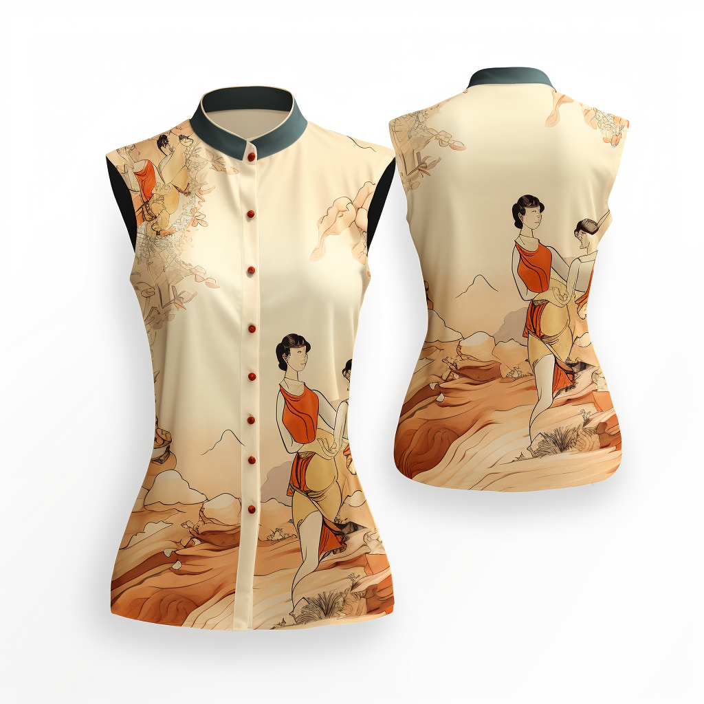 Ukiyo-e Pattern Sleeveless Nehru Collar Women Casual Shirt Band Collar